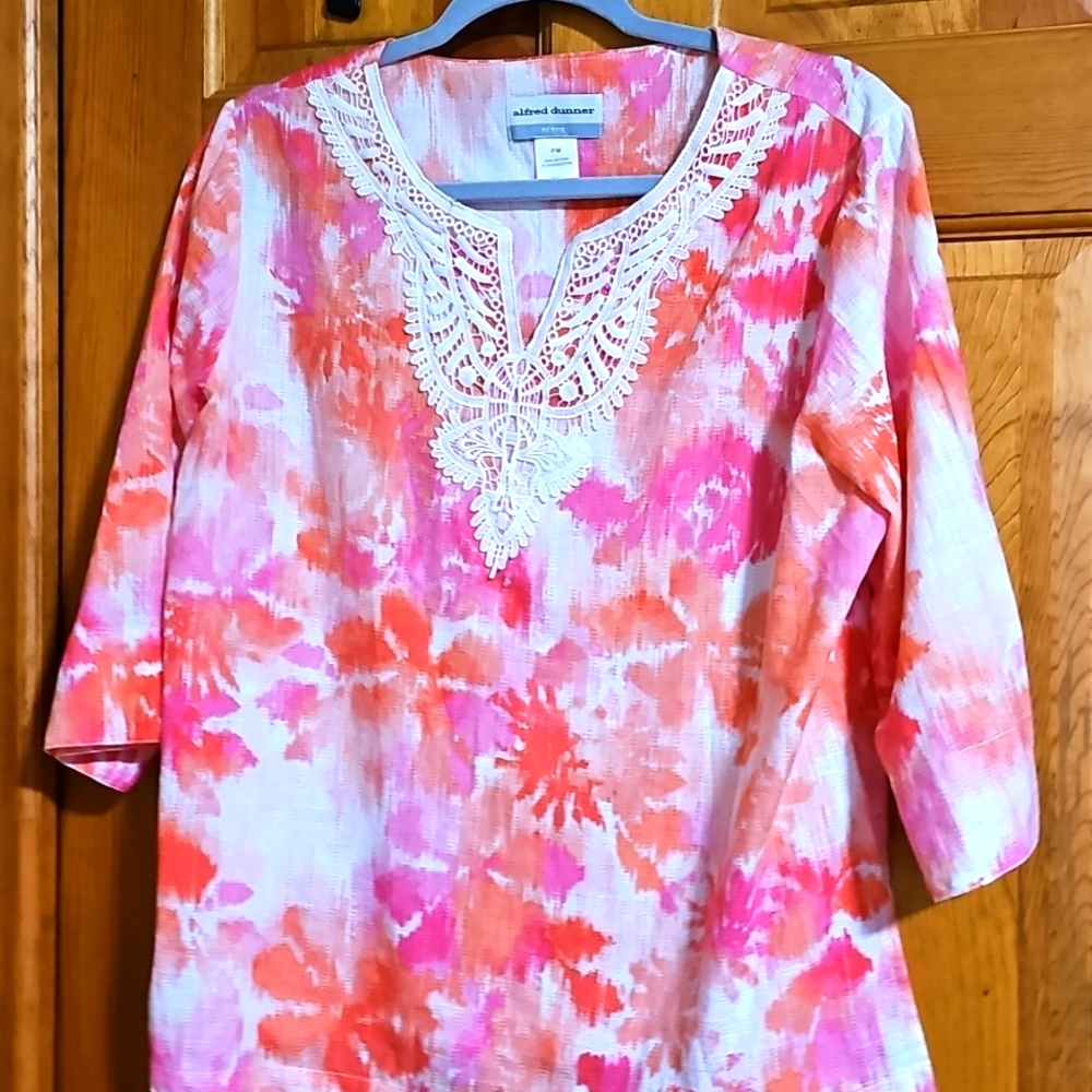 Alfred Dunner Women’s PM  Pink Blouse with Lace V-Neck